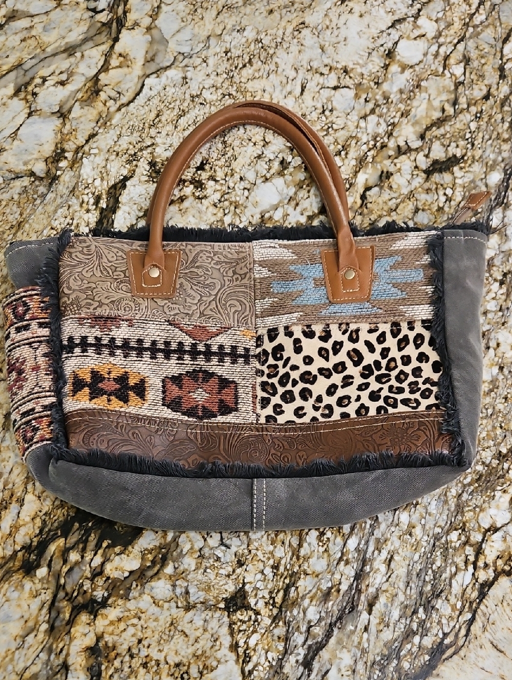 Myra Bag Patchwork Tote in Brown, Tan, Black, Cream